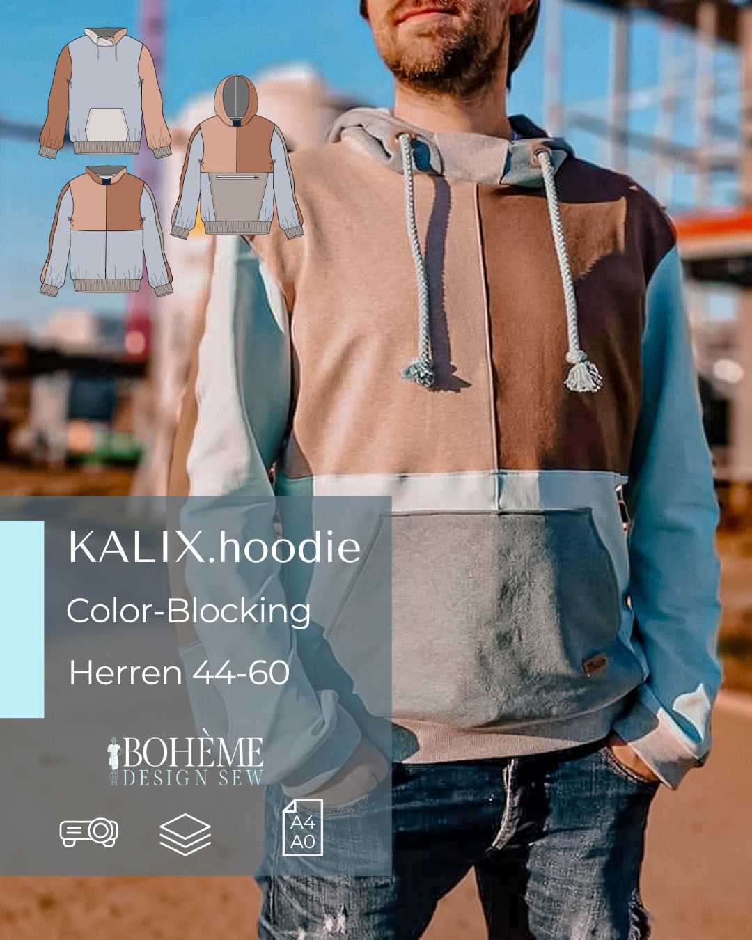 KALIX – Hoodie Herren digitales Schnittmuster als PDF download | Oversize mit Teilungen | Größe 44–60 | SEAMONE – Herren A4 + A0 + Beamer PDF Schnittmuster | SEAMONE
