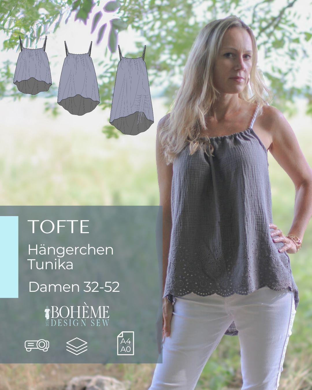 TOFTE – Tunika Damen digitales Schnittmuster als PDF download | mit Spaghettiträgern & VoKuHiLa - Saum | Größe 32–52 | SEAMONE – Damen A4 + A0 + Beamer PDF Schnittmuster | SEAMONE