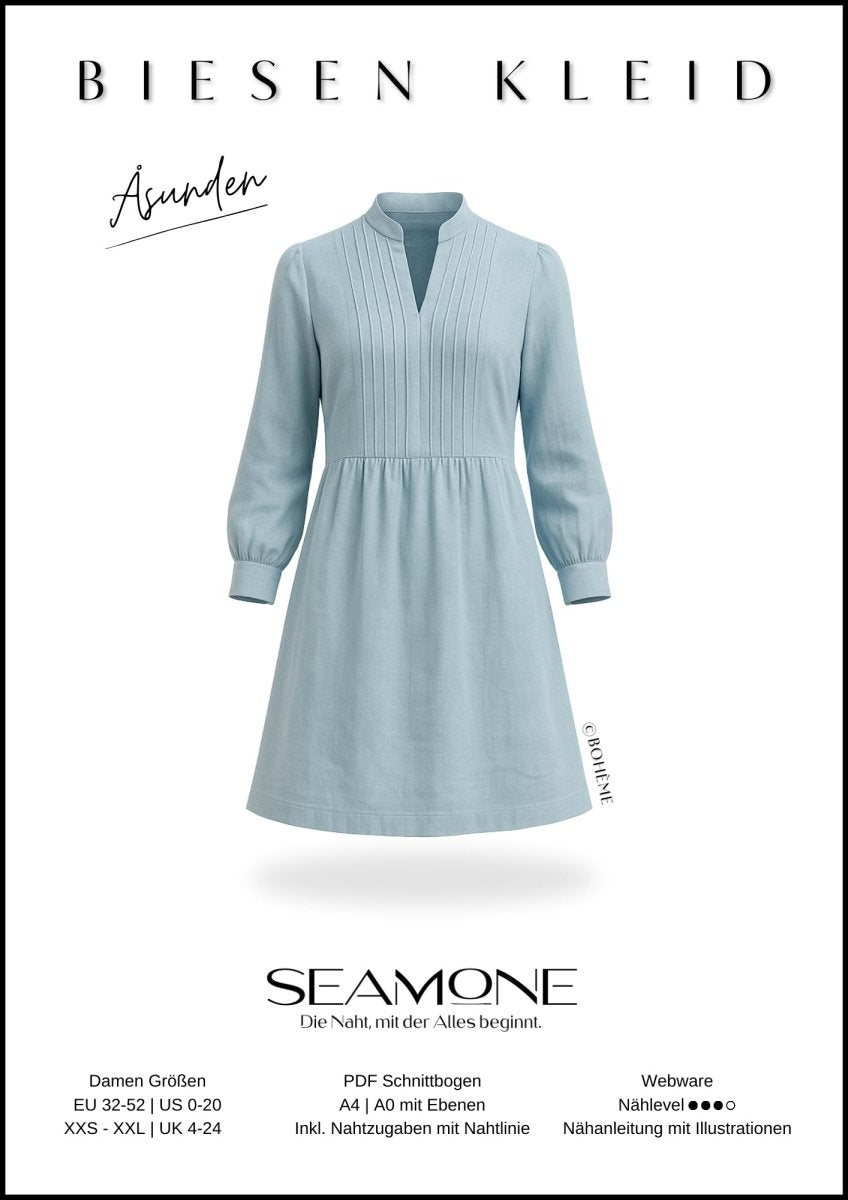 ÅSUNDEN – Biesenkleid Damen digitales Schnittmuster als PDF download | mit Stehkragen & 7/8 - Ärmel | Größe 32–52 | SEAMONE – Damen A4 + A0 PDF Schnittmuster | SEAMONE