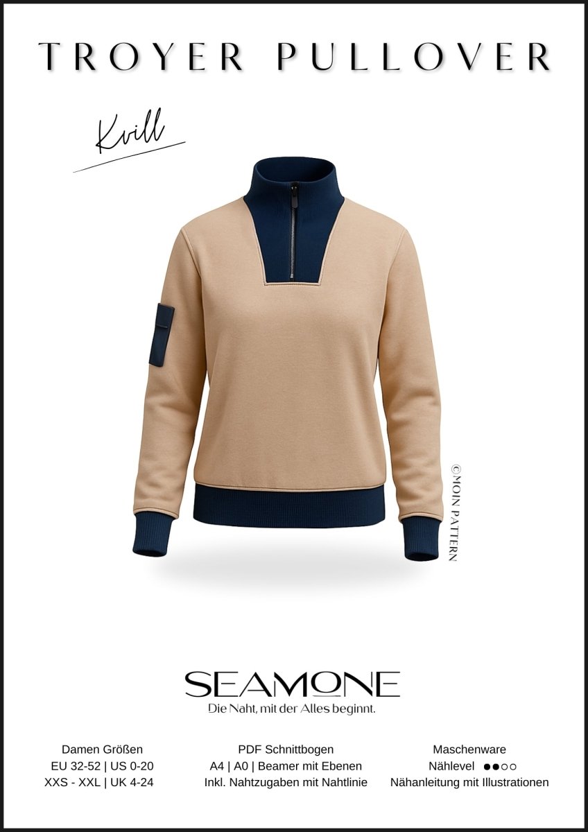 KVILL – Troyer Damen digitales Schnittmuster als PDF Download | 3 Kragenvarianten & maritimer Look | Größe 32–52 | SEAMONE – Damen A4 + A0 + Beamer PDF Schnittmuster | SEAMONE