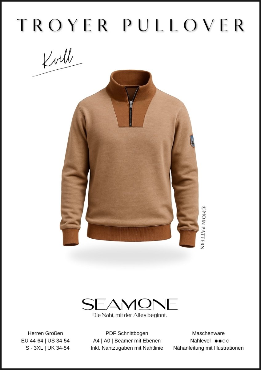 KVILL – Troyer Herren digitales Schnittmuster als PDF download | mit Kapuze, Schalkragen oder Reißverschluss | Größe 44–64 | SEAMONE – Herren A4 + A0 + Beamer PDF Schnittmuster | SEAMONE