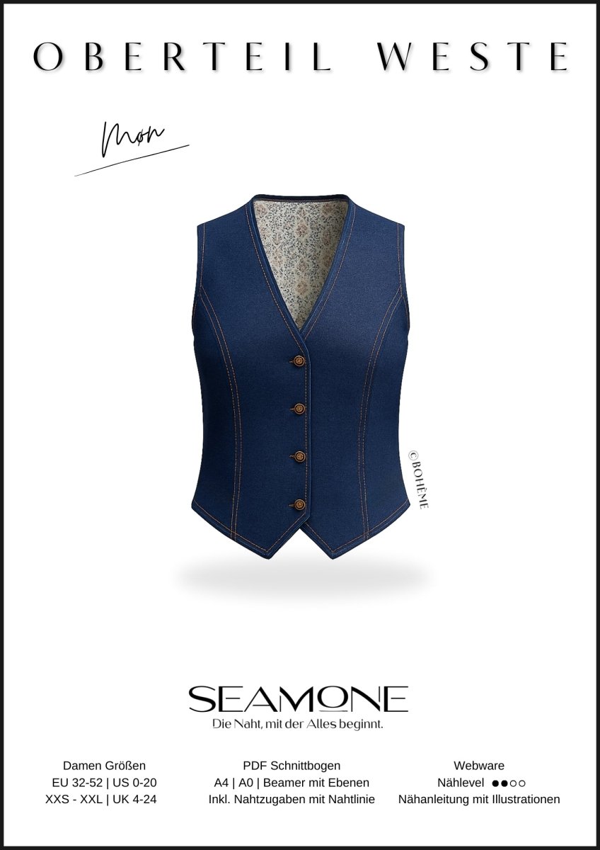 MØN – Weste Damen digitales Schnittmuster als PDF download | tailliert & gefüttert | Größe 32–52 | SEAMONE – Damen PDF Schnittmuster | SEAMONE