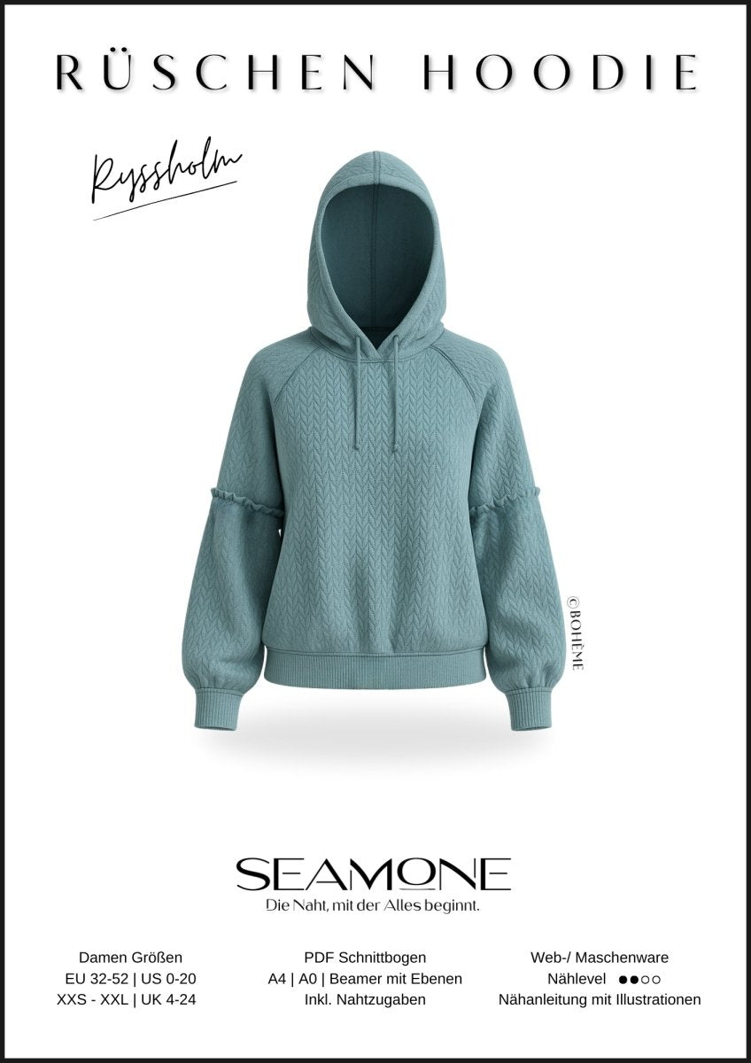 RYSSHOLM – Hoodie Damen digitales Schnittmuster als PDF download | mit Rüsche & Ballonärmeln | Größe 32–52 | SEAMONE – Damen A4 + A0 + Beamer PDF Schnittmuster | SEAMONE