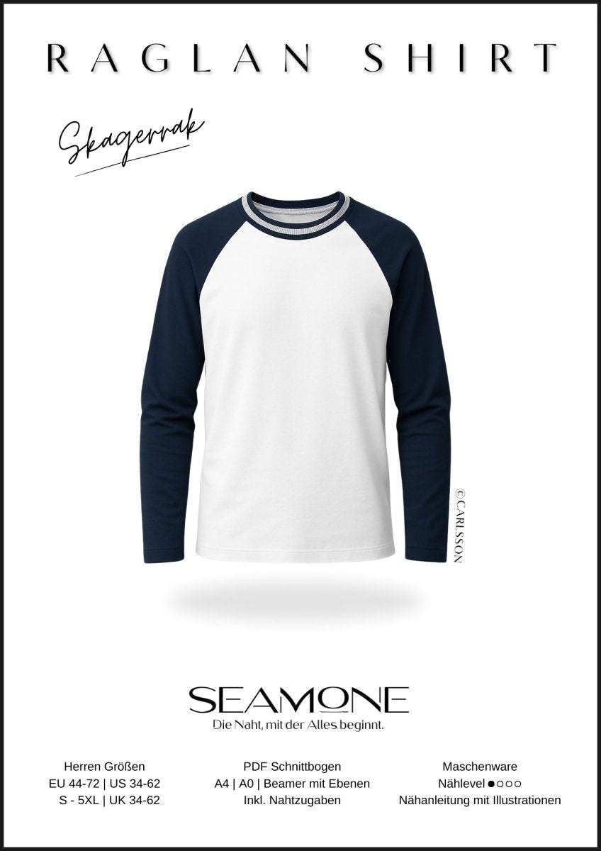 SKAGERRAK – Raglan - Shirt Herren digitales Schnittmuster als PDF download | mit Rundhals - oder V - Ausschnitt | Größe 44–72 | SEAMONE – Herren A4 + A0 + Beamer PDF Schnittmuster | SEAMONE