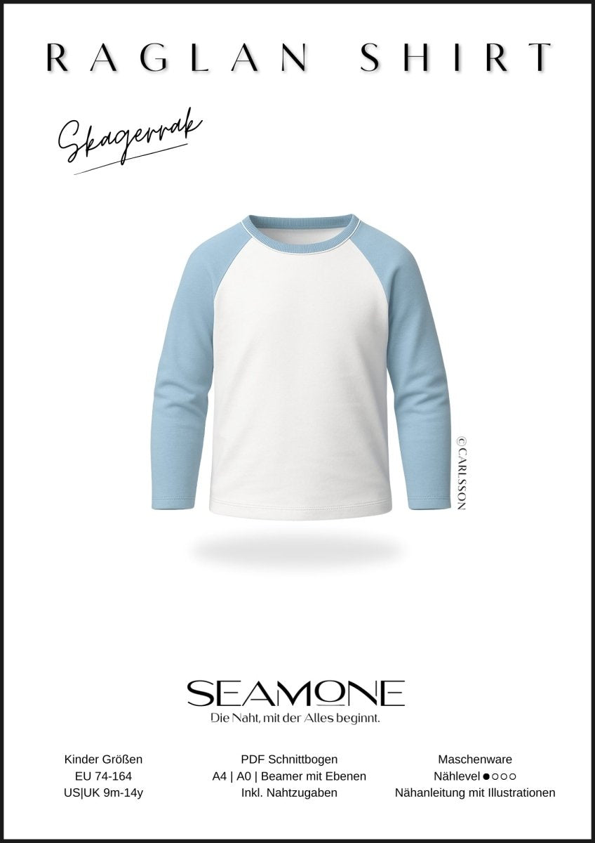 SKAGERRAK – Raglan - Shirt Kinder digitales Schnittmuster als PDF download | mit Rundhals - oder V - Ausschnitt | Größe 74–164 | SEAMONE – Kinder A4 + A0 + Beamer PDF Schnittmuster | SEAMONE