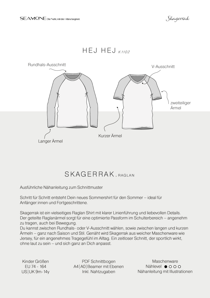 SKAGERRAK – Raglan - Shirt Kinder digitales Schnittmuster als PDF download | mit Rundhals - oder V - Ausschnitt | Größe 74–164 | SEAMONE – Kinder A4 + A0 + Beamer PDF Schnittmuster | SEAMONE