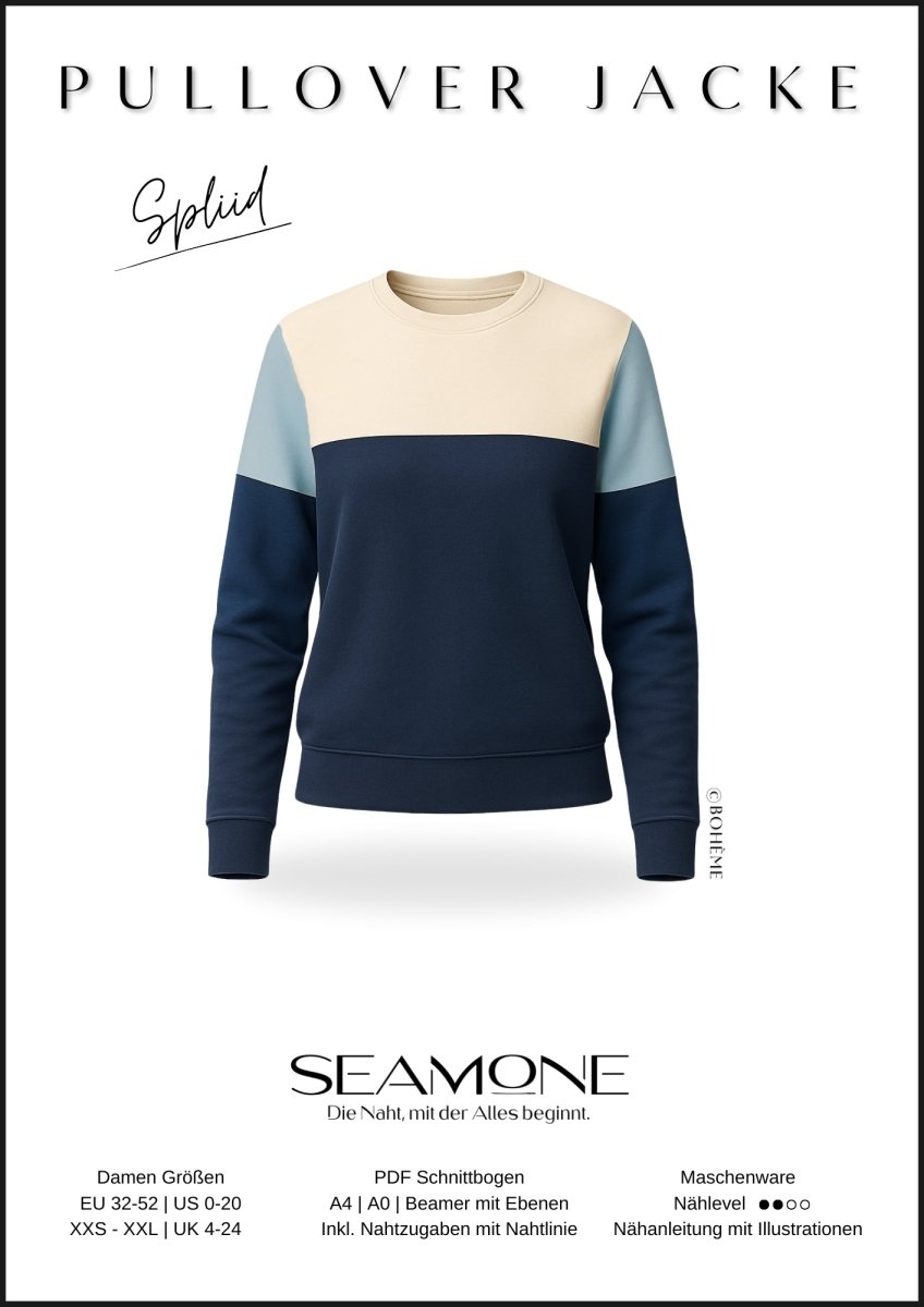 SPLIID – Pullover Damen digitales Schnittmuster als PDF download | mit Teilungen & Kapuze | Größe 32–52 | SEAMONE – Damen PDF Schnittmuster | SEAMONE