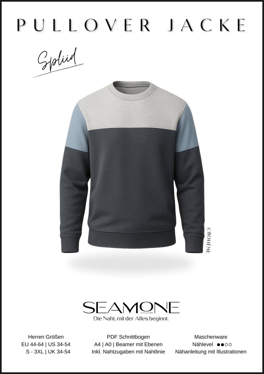 SPLIID – Pullover Herren digitales Schnittmuster als PDF download | mit Teilungen & Kapuze | Größe 44–64 | SEAMONE – Herren A4 + A0 + Beamer PDF Schnittmuster | SEAMONE