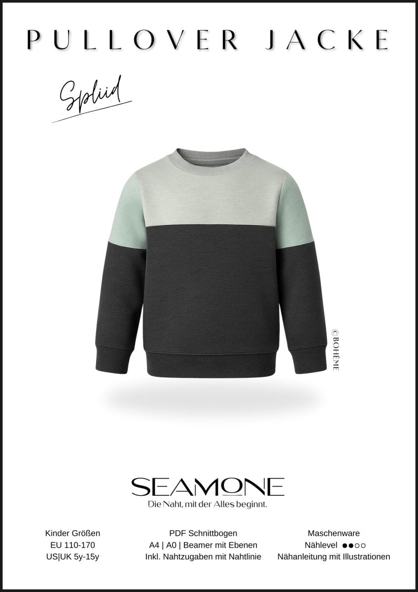 SPLIID – Pullover Kinder digitales Schnittmuster als PDF download | mit Teilungen & Kapuze | Größe 110–170 | SEAMONE – Kinder A4 +A0 + Beamer PDF Schnittmuster | SEAMONE