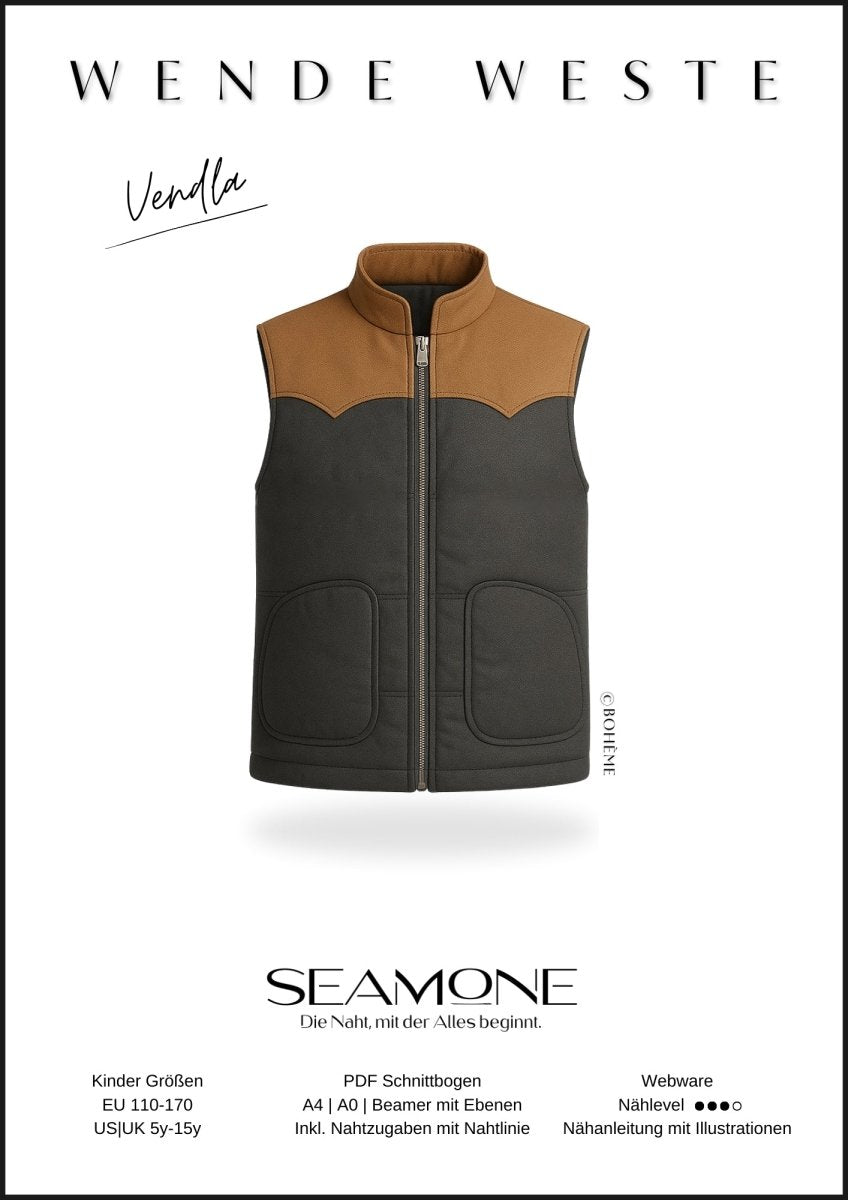 VENDLA – Wendeweste Kinder digitales Schnittmuster als PDF download | gesteppt & gefüttert | Größe 110–170 | SEAMONE – Kinder A4 + A0 + Beamer PDF Schnittmuster | SEAMONE