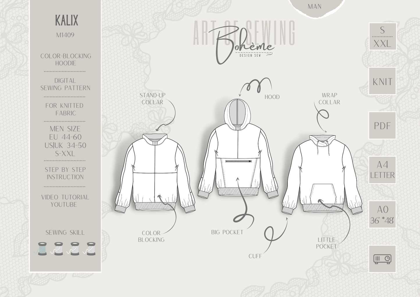 KALIX – Hoodie Herren digitales Schnittmuster als PDF download | Oversize mit Teilungen | Größe 44–60 | SEAMONE – Herren A4 + A0 + Beamer PDF Schnittmuster | SEAMONE
