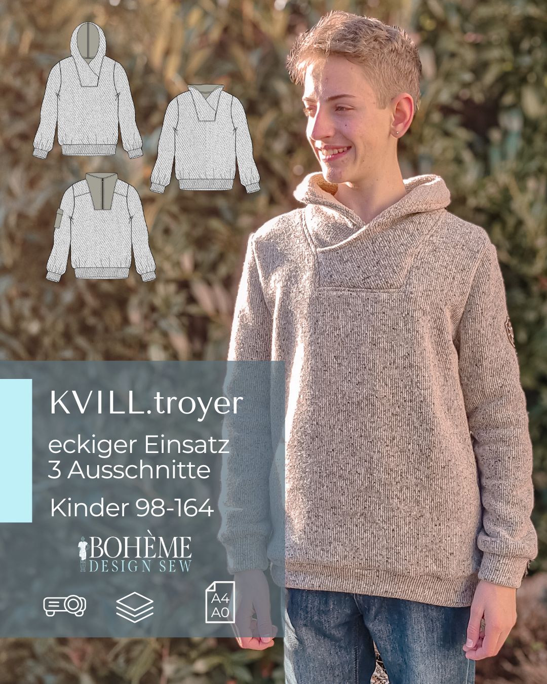 KVILL – Troyer Kinder digitales Schnittmuster als PDF download | mit Kapuze, Schalkragen oder Reißverschluss | Größe 98–164 | SEAMONE – Kinder A4 + A0 + Beamer PDF Schnittmuster | SEAMONE