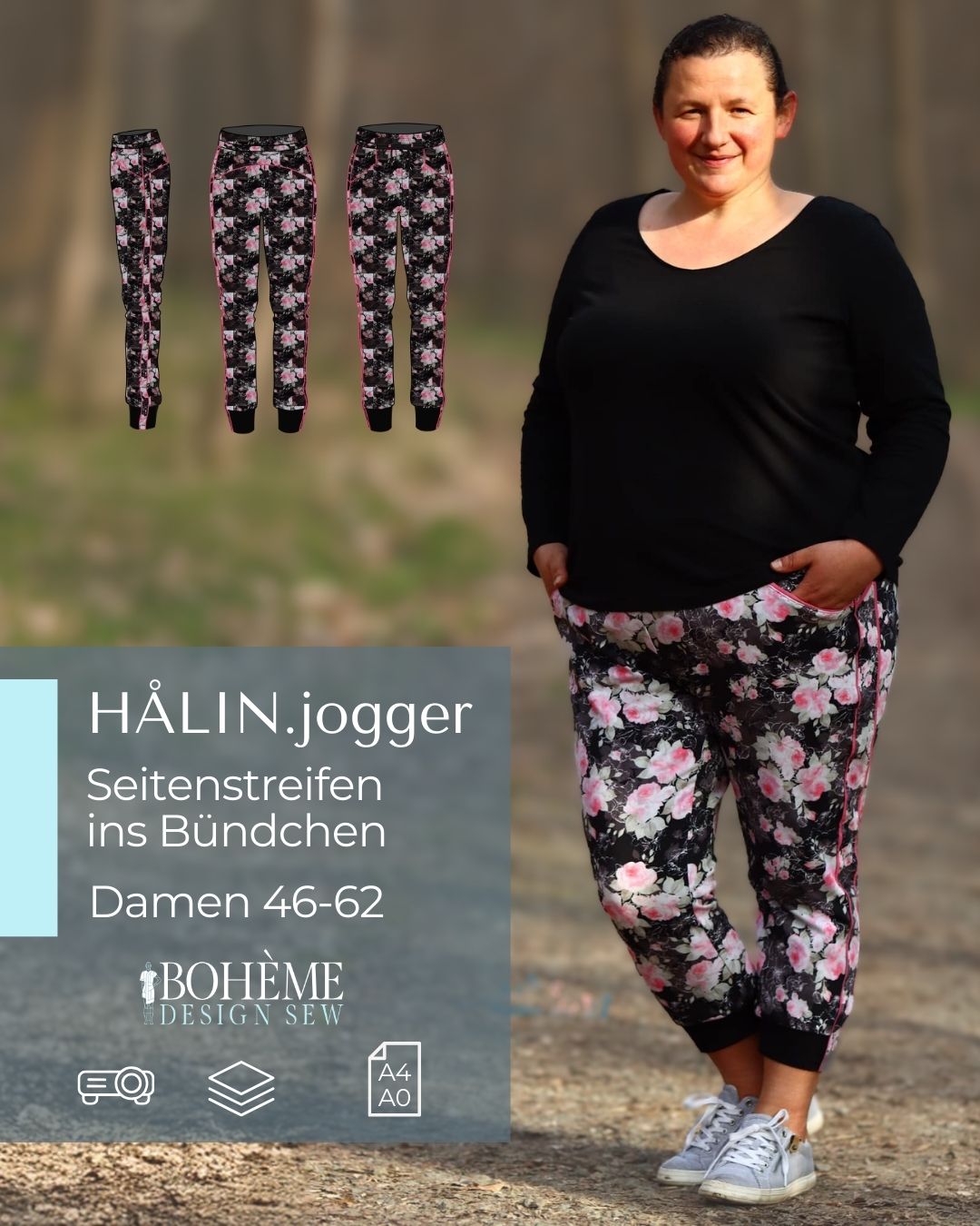 HÅLIN – Jogginghose Damen digitales Schnittmuster als PDF download | mit Seitenstreifen & Teilungsdetails | Größe 46–62 | SEAMONE – Damen A4 + A0 + Beamer PDF Schnittmuster | SEAMONE
