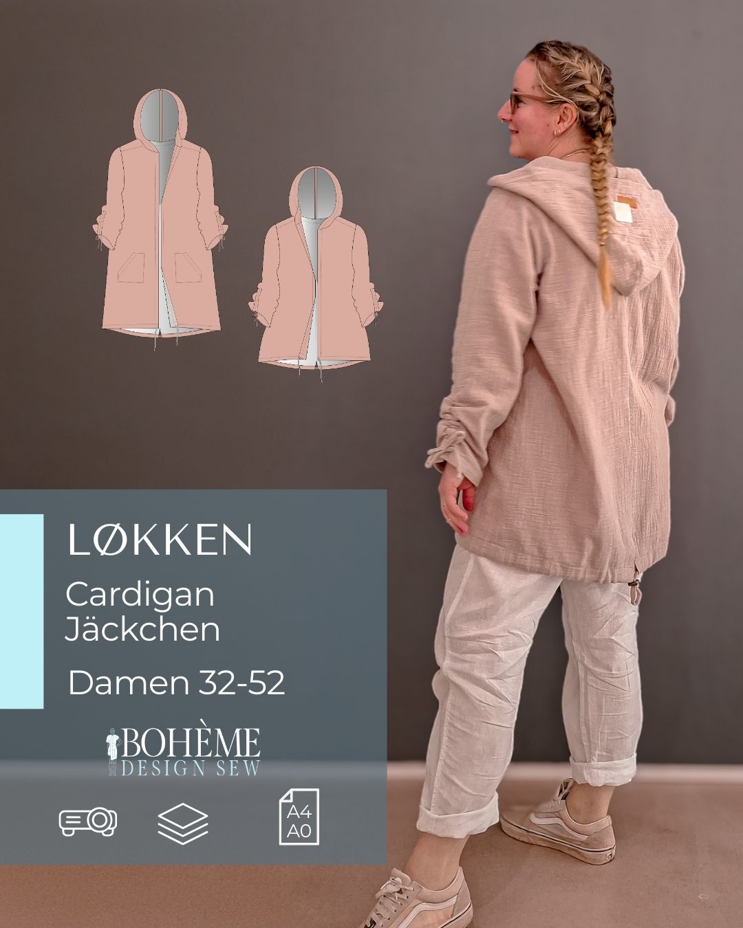 LØKKEN – Jäckchen Damen digitales Schnittmuster als PDF download | mit Kapuze & Schwalbenschwanz | Größe 32–52 | SEAMONE – Damen A4 + A0 + Beamer PDF Schnittmuster | SEAMONE