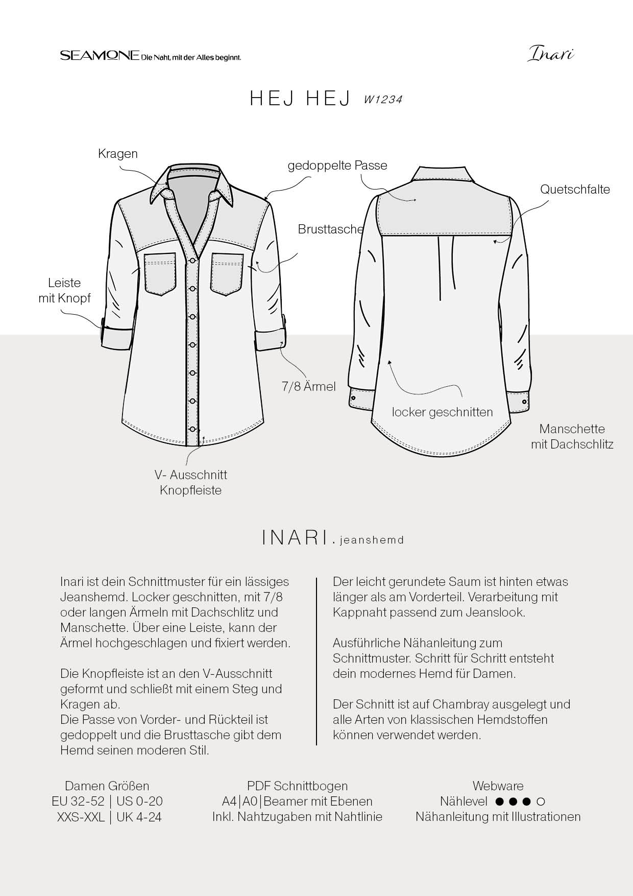 INARI – Jeanshemd Damen Schnittmuster PDF Download | mit Passe | Größe 32–52 | SEAMONE
