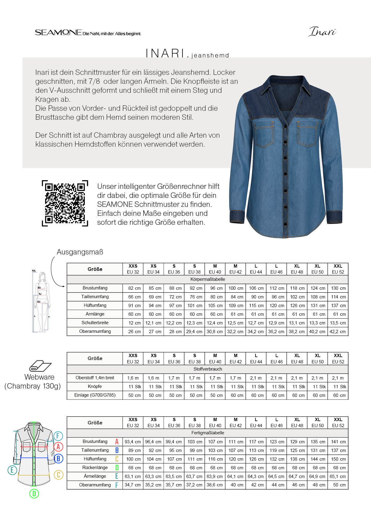 INARI – Jeanshemd Damen Schnittmuster PDF Download | mit Passe | Größe 32–52 | SEAMONE