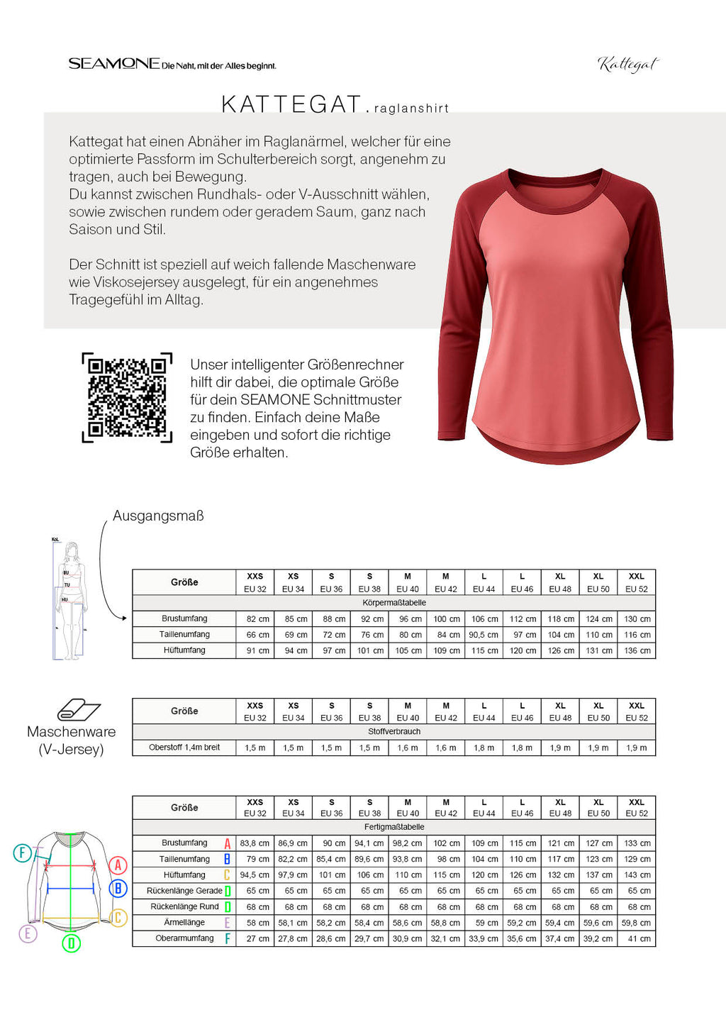 KATTEGAT – Raglanshirt Damen Schnittmuster PDF Download | figurumspielend mit Abnäher | Größe 32–52 | SEAMONE