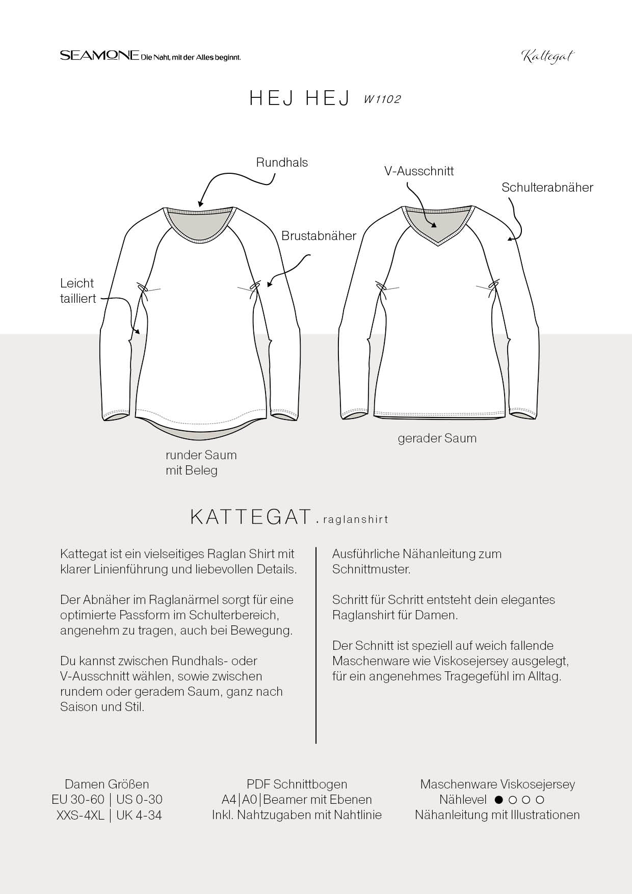 KATTEGAT – Raglanshirt Damen Schnittmuster PDF Download | figurumspielend mit Abnäher | Größe 30–60 | SEAMONE