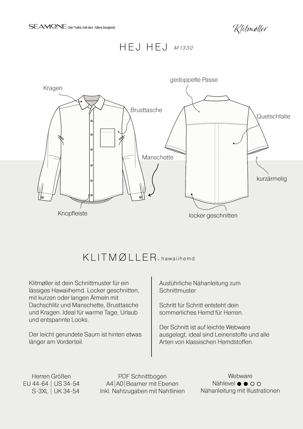 KLITMØLLER – Hawaiihemd Herren digitales Schnittmuster als PDF download | lässig & kurzärmelig | Größe 44–64 | SEAMONE