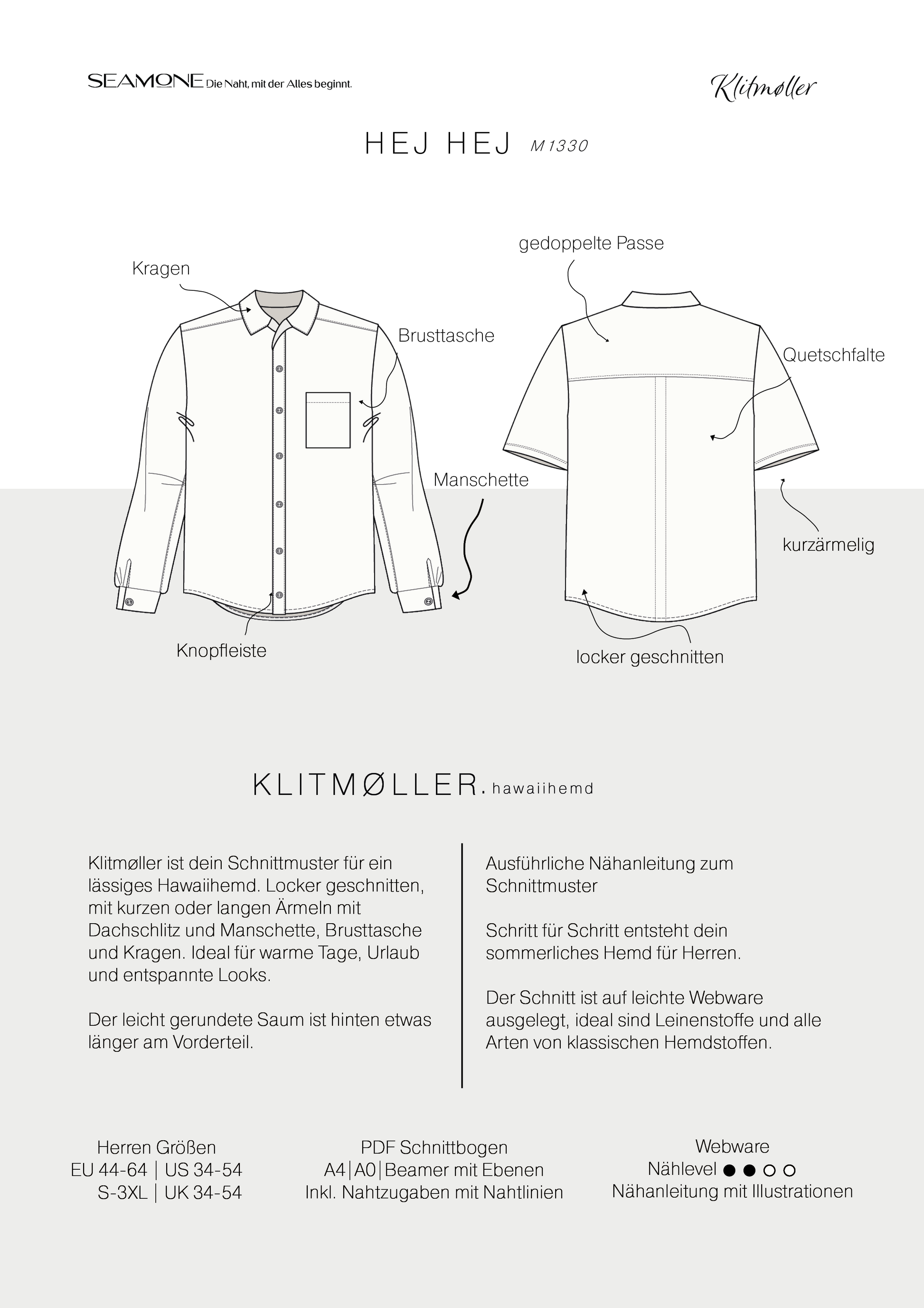 KLITMØLLER – Hawaiihemd Herren digitales Schnittmuster als PDF download | lässig & kurzärmelig | Größe 44–64 | SEAMONE