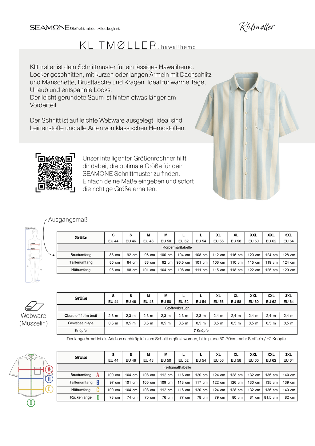 KLITMØLLER – Hawaiihemd Herren digitales Schnittmuster als PDF download | lässig & kurzärmelig | Größe 44–64 | SEAMONE