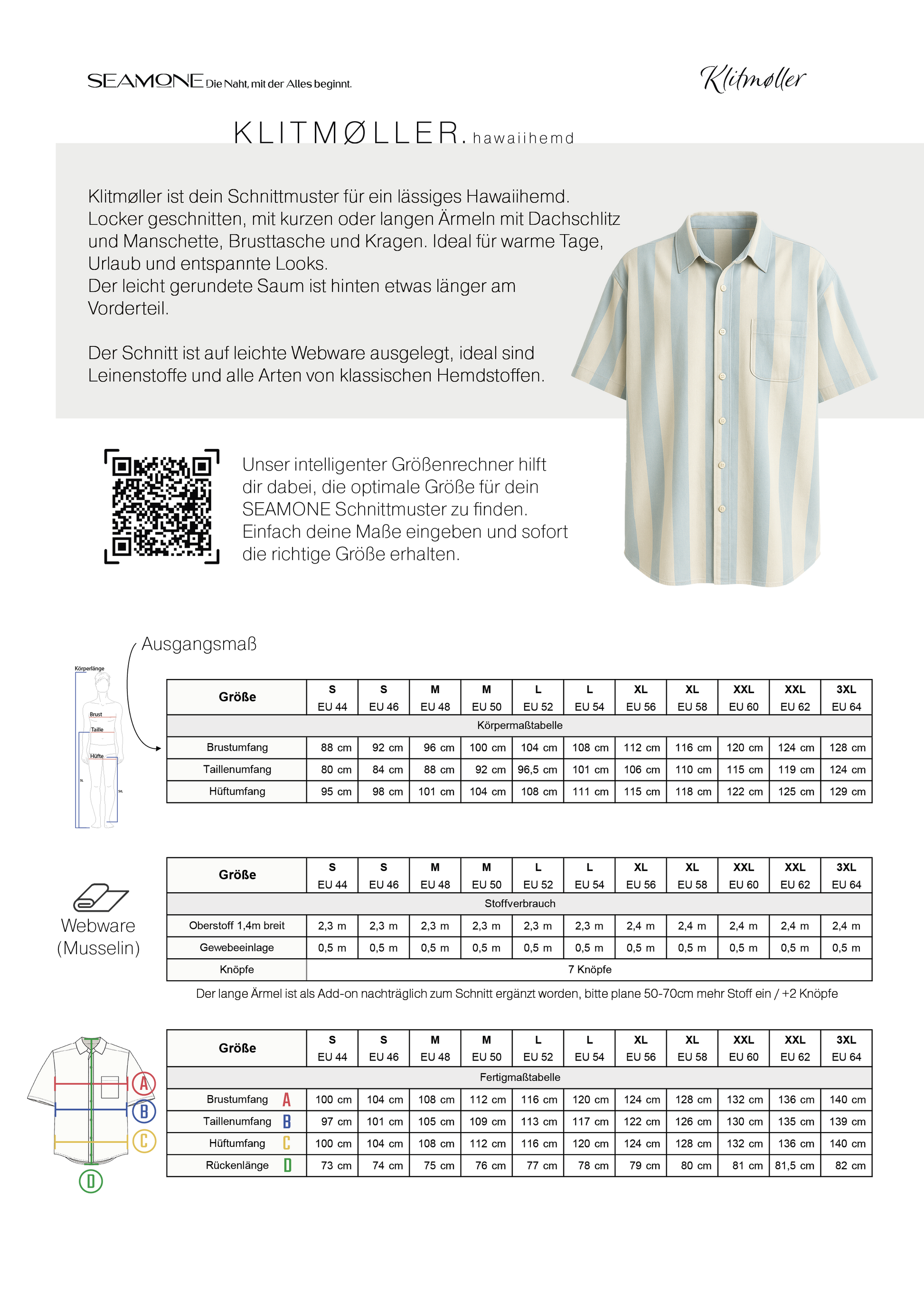 KLITMØLLER – Hawaiihemd Herren digitales Schnittmuster als PDF download | lässig & kurzärmelig | Größe 44–64 | SEAMONE