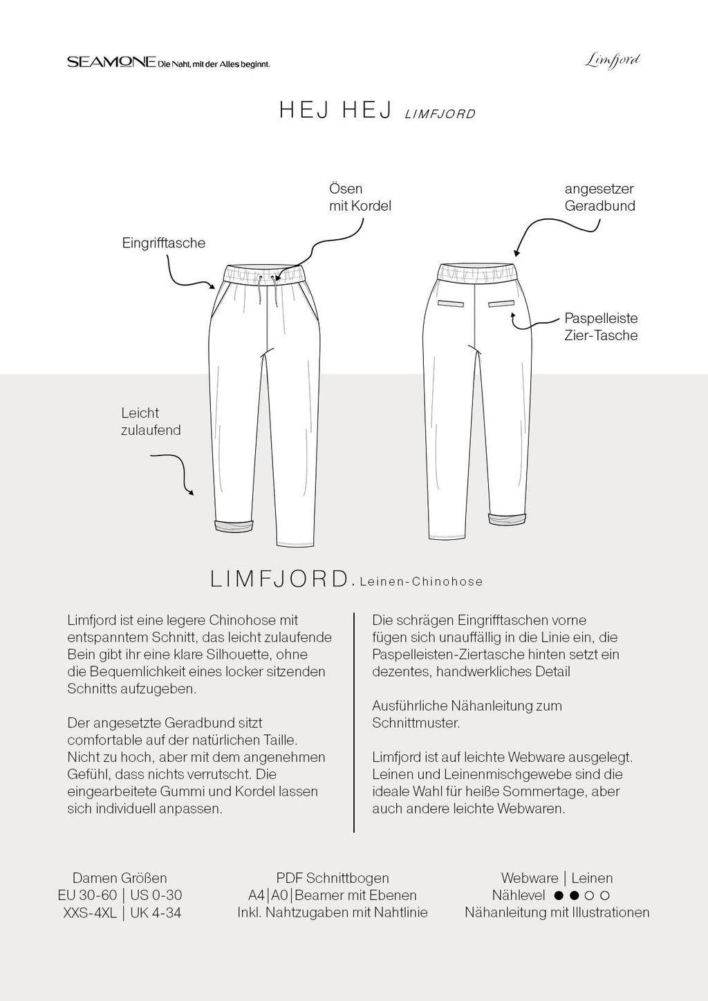 LIMFJORD – Leinenhose Damen nähen | Schnittmuster PDF | Chinohose mit Gummibund & Taschen | Größe 30–60 | SEAMONE