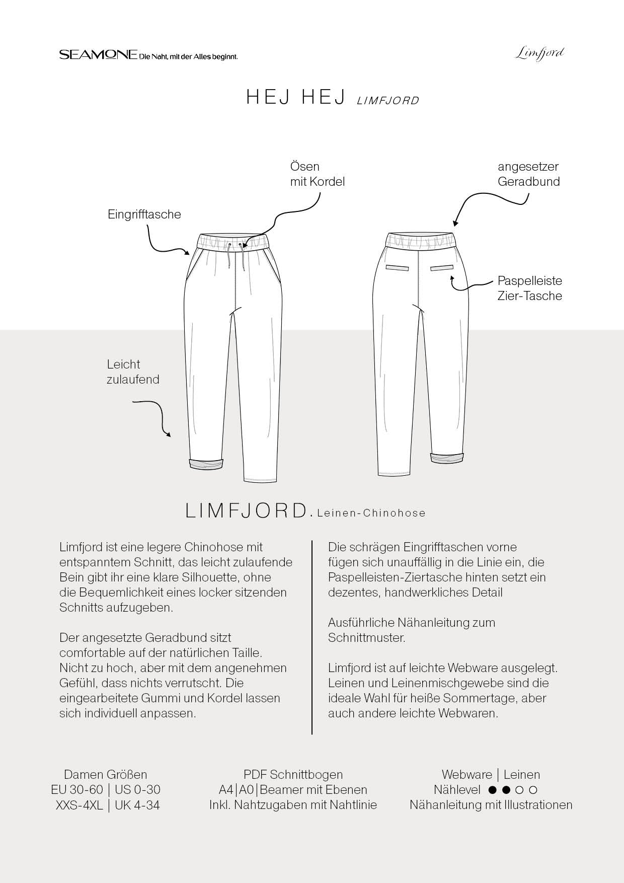LIMFJORD – Leinenhose Damen nähen | Schnittmuster PDF | Chinohose mit Gummibund & Taschen | Größe 30–60 | SEAMONE