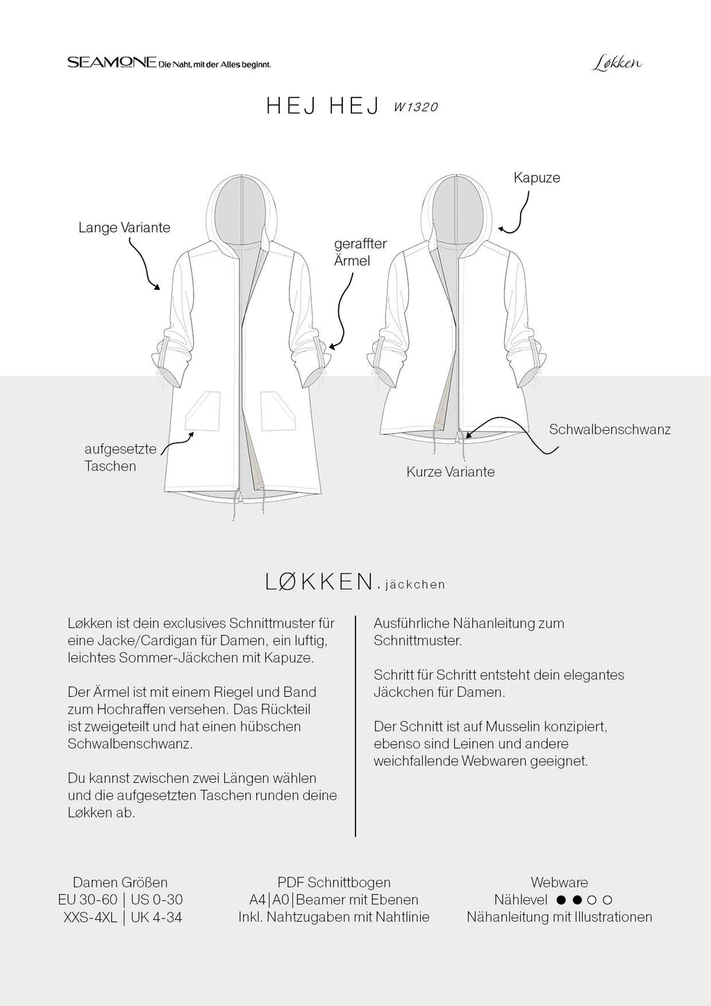 LØKKEN – Jäckchen Damen digitales Schnittmuster als PDF download | mit Kapuze & Schwalbenschwanz | Größe 30–60 | SEAMONE