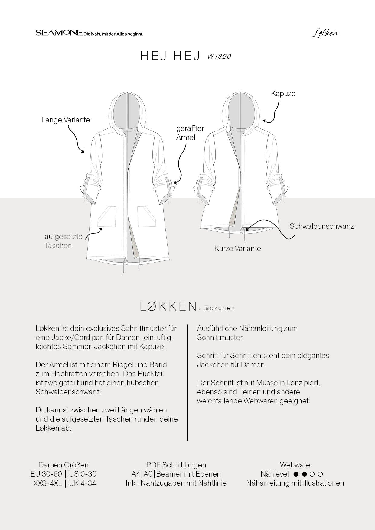 LØKKEN – Jäckchen Damen digitales Schnittmuster als PDF download | mit Kapuze & Schwalbenschwanz | Größe 30–60 | SEAMONE