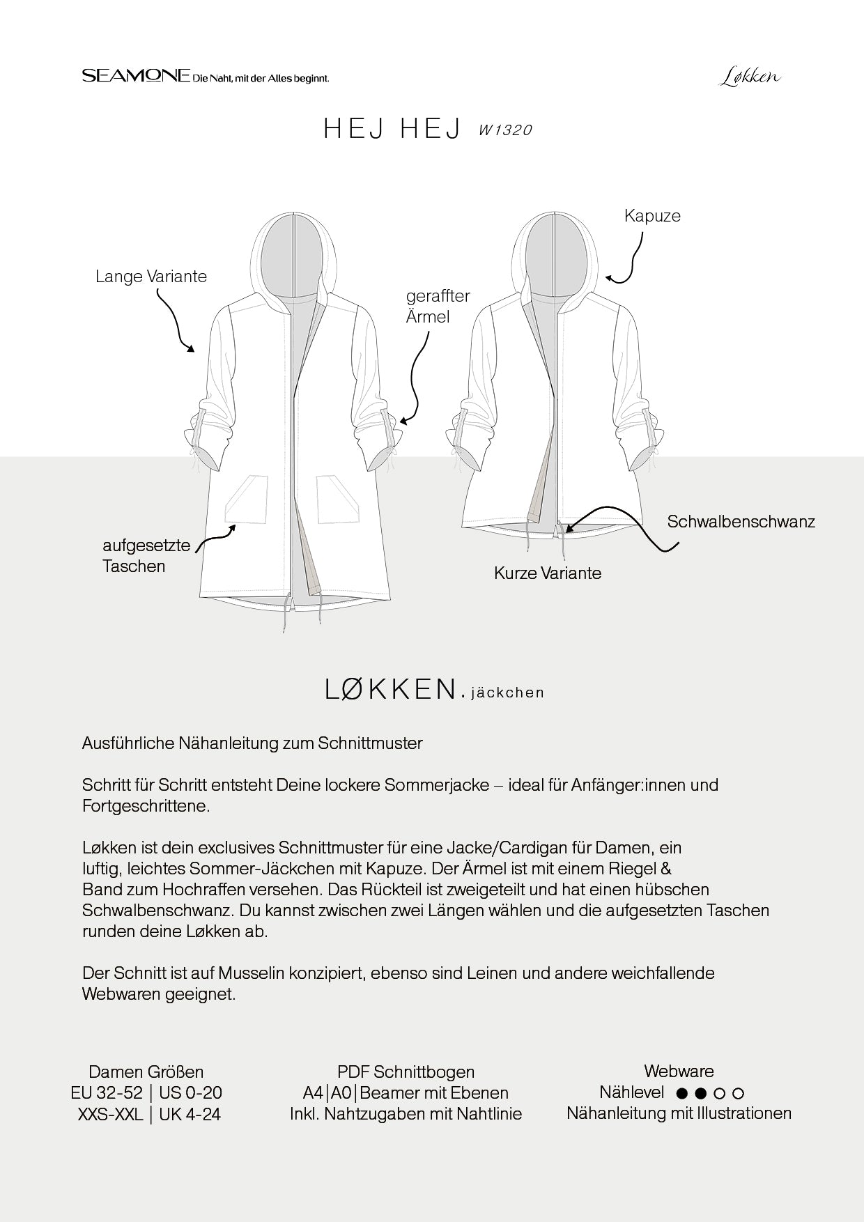 LØKKEN – Jäckchen Damen digitales Schnittmuster als PDF download | mit Kapuze & Schwalbenschwanz | Größe 32–52 | SEAMONE