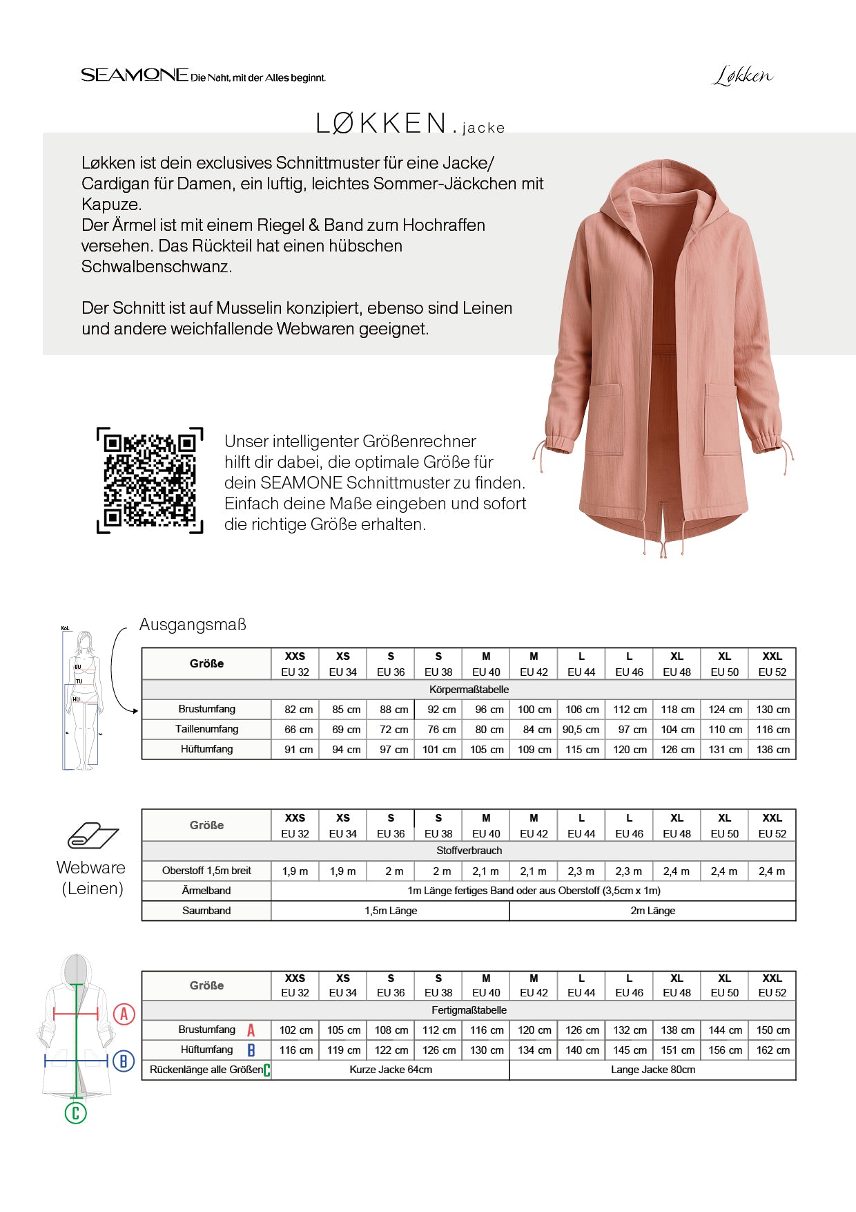 LØKKEN – Jäckchen Damen digitales Schnittmuster als PDF download | mit Kapuze & Schwalbenschwanz | Größe 32–52 | SEAMONE
