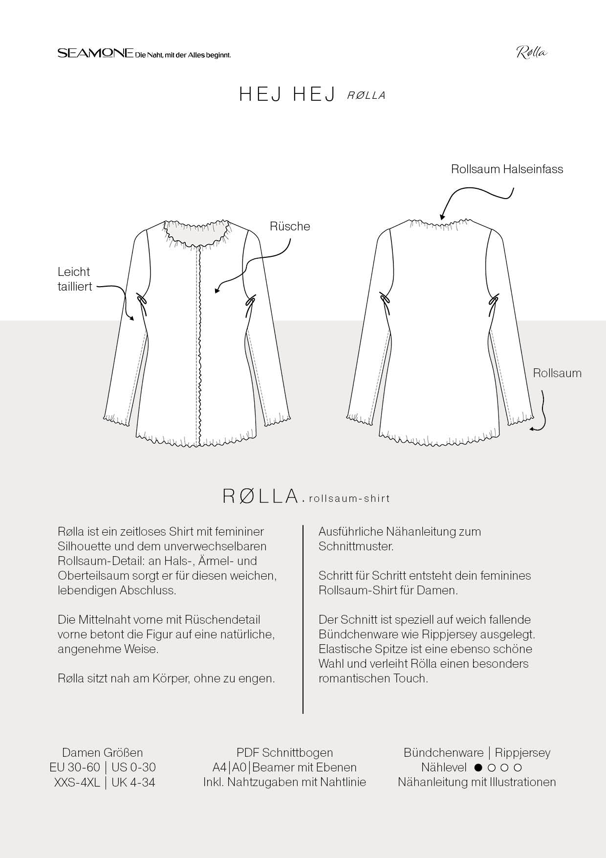 RØLLA – Rollsaum Shirt Damen | mit Rüsche | Rippjersey & elastische Spitze | digitales Schnittmuster als PDF download | Größe 30–60 | SEAMONE