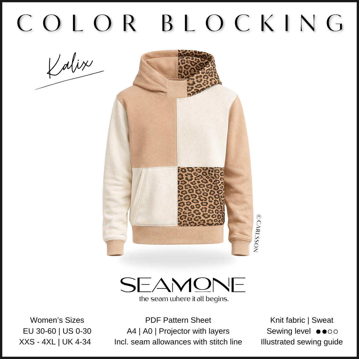 KALIX – Hoodie Damen digitales Schnittmuster als PDF Download | Oversize mit Teilungen & 3 Kragenvarianten | Größe 30–60 | SEAMONE – English pattern on Etsy