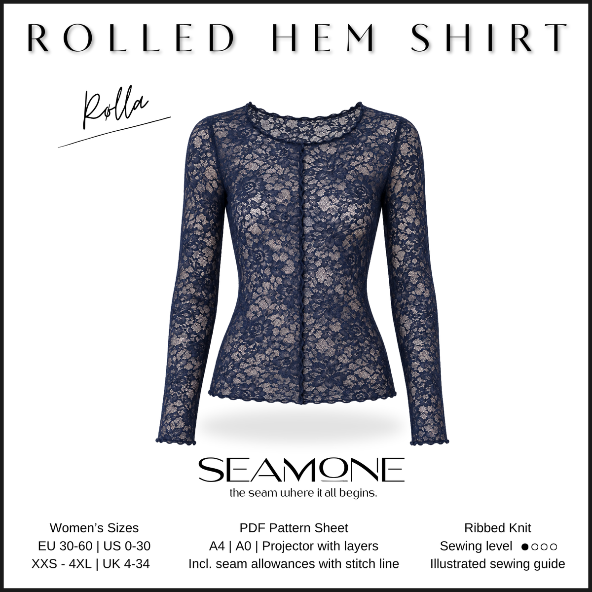 RØLLA – Rollsaum Shirt Damen | mit Rüsche | Rippjersey & elastische Spitze | digitales Schnittmuster als PDF download | Größe 30–60 | SEAMONE – English pattern on Etsy