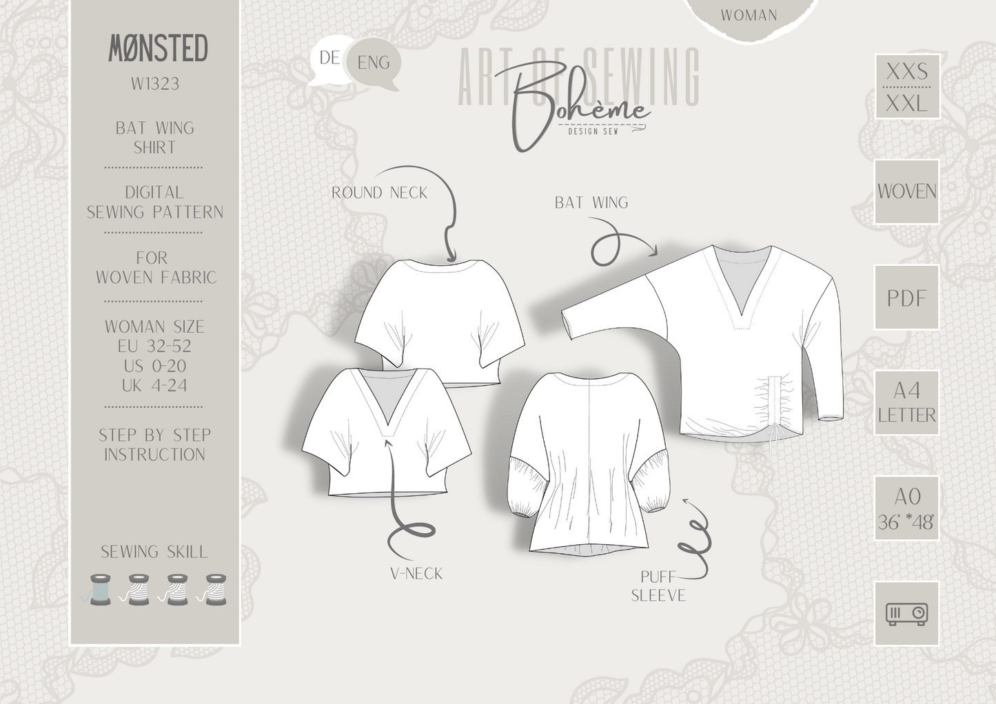 MØNSTED – Shirt Damen digitales Schnittmuster als PDF download | mit Fledermausärmeln & Wendefunktion | Größe 32–52 | SEAMONE – Damen A4 + A0 + Beamer PDF Schnittmuster | SEAMONE