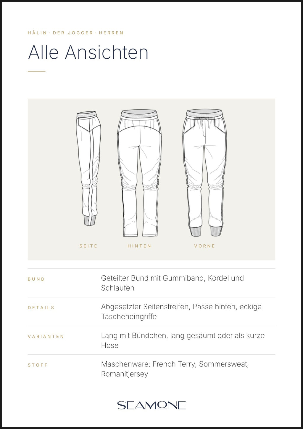 HÅLIN Jogginghose Herren – technische Zeichnung, Seiten-, Rück- und Vorderansicht