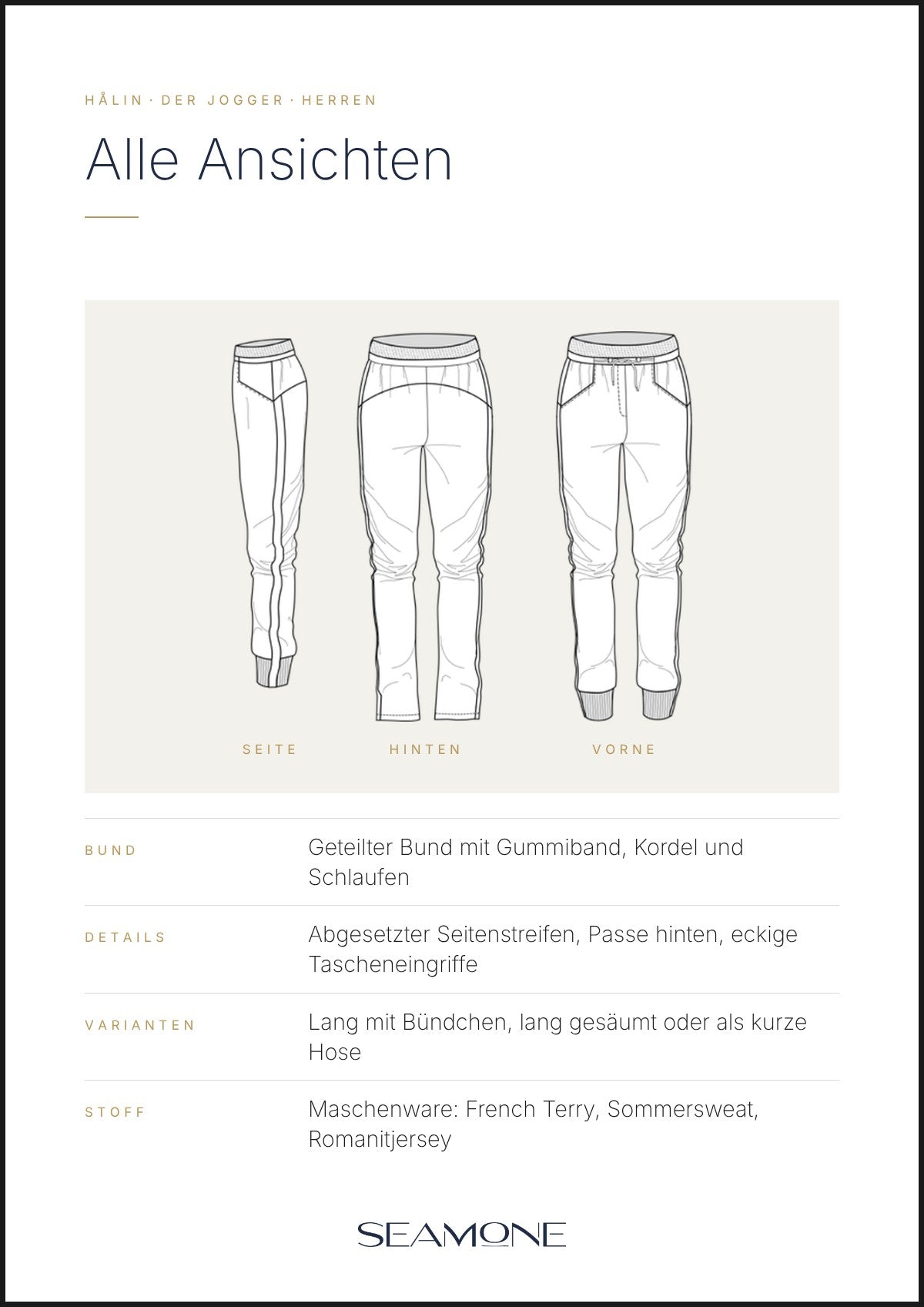 HÅLIN Jogginghose Herren – technische Zeichnung, Seiten-, Rück- und Vorderansicht