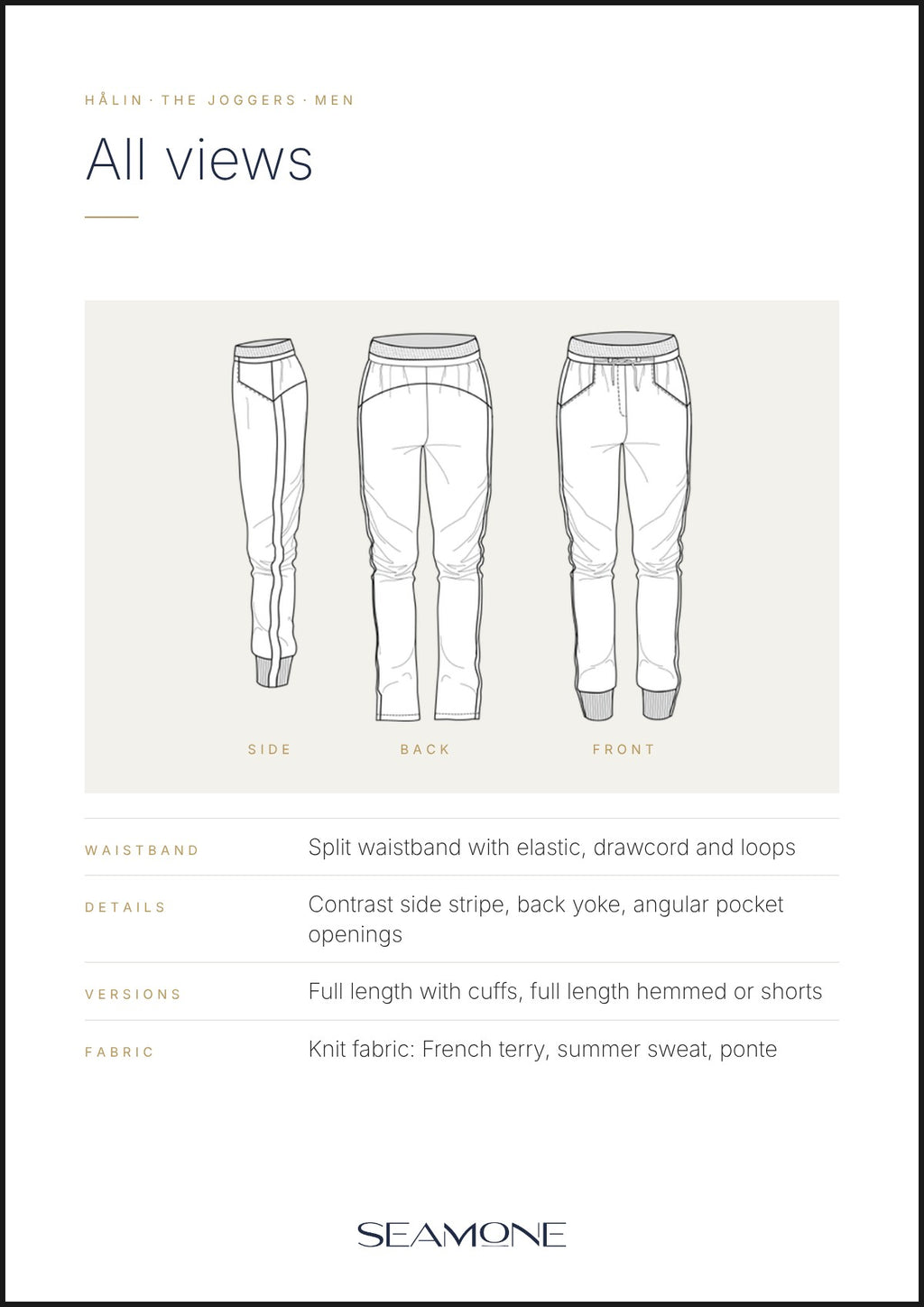 HÅLIN joggers for men – technical drawing, side, back and front view