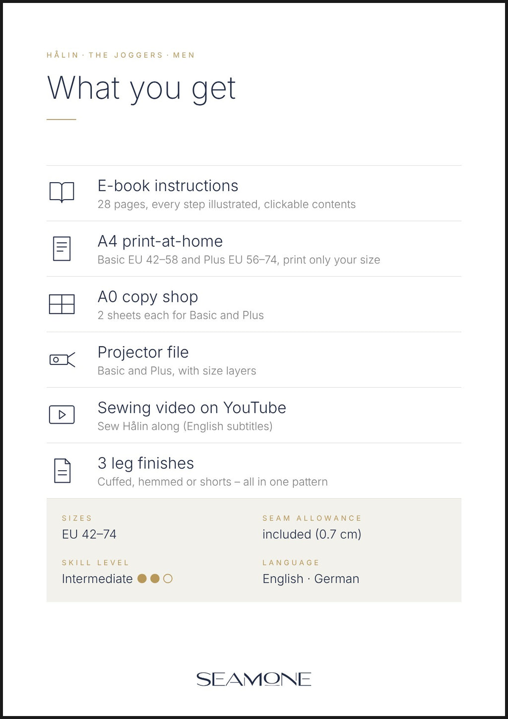HÅLIN men's sewing pattern – what you get: e-book, A4, A0, projector file, sewing video