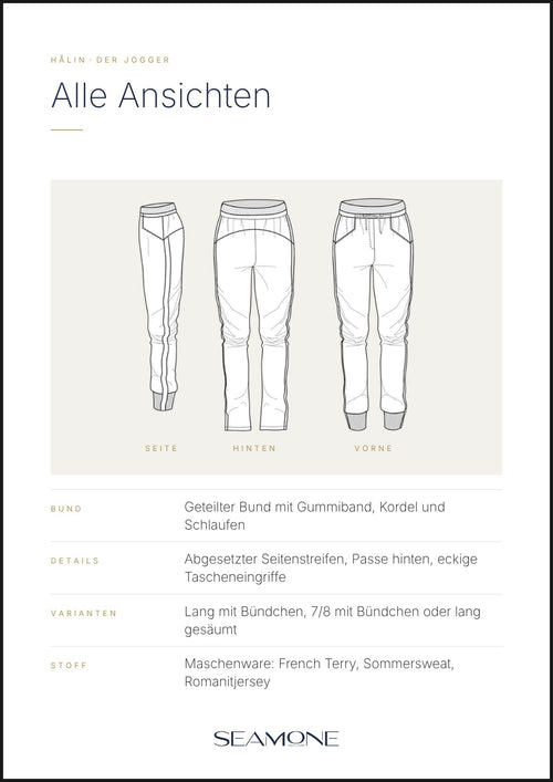 HÅLIN Jogginghose Damen – technische Zeichnung, Seiten-, Rück- und Vorderansicht