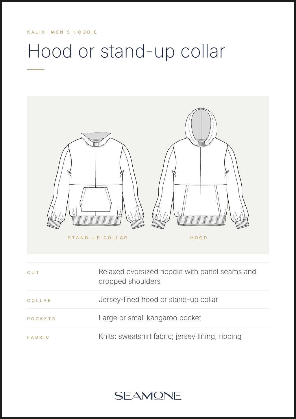 KALIX men's hoodie – technical drawing with hood, stand-up collar and neckband