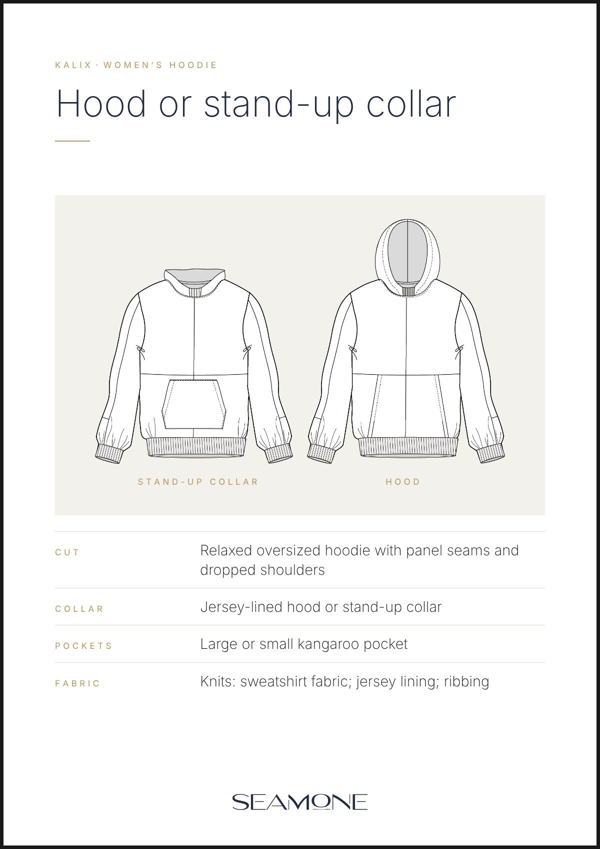 KALIX women’s hoodie – technical drawing, views and versions