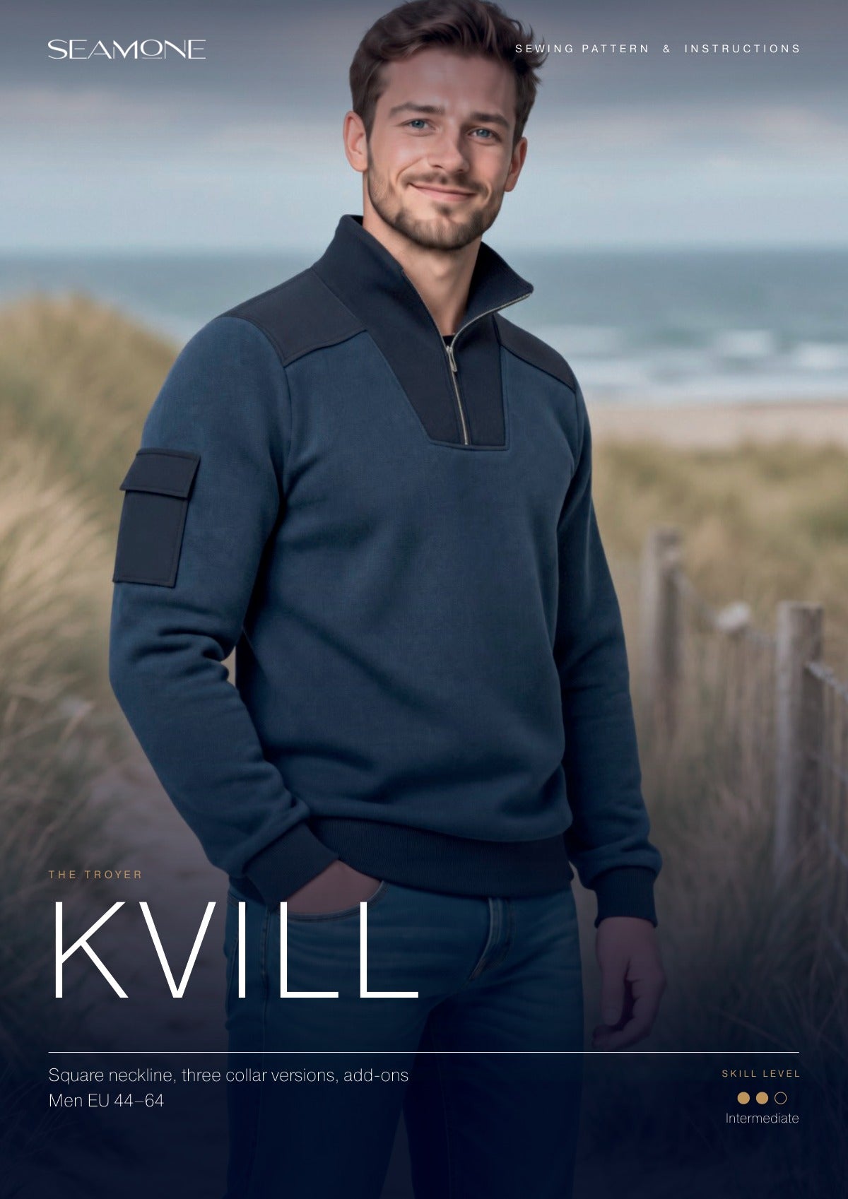 KVILL men's sewing instructions cover: troyer with stand collar and zip, photographed on the coast