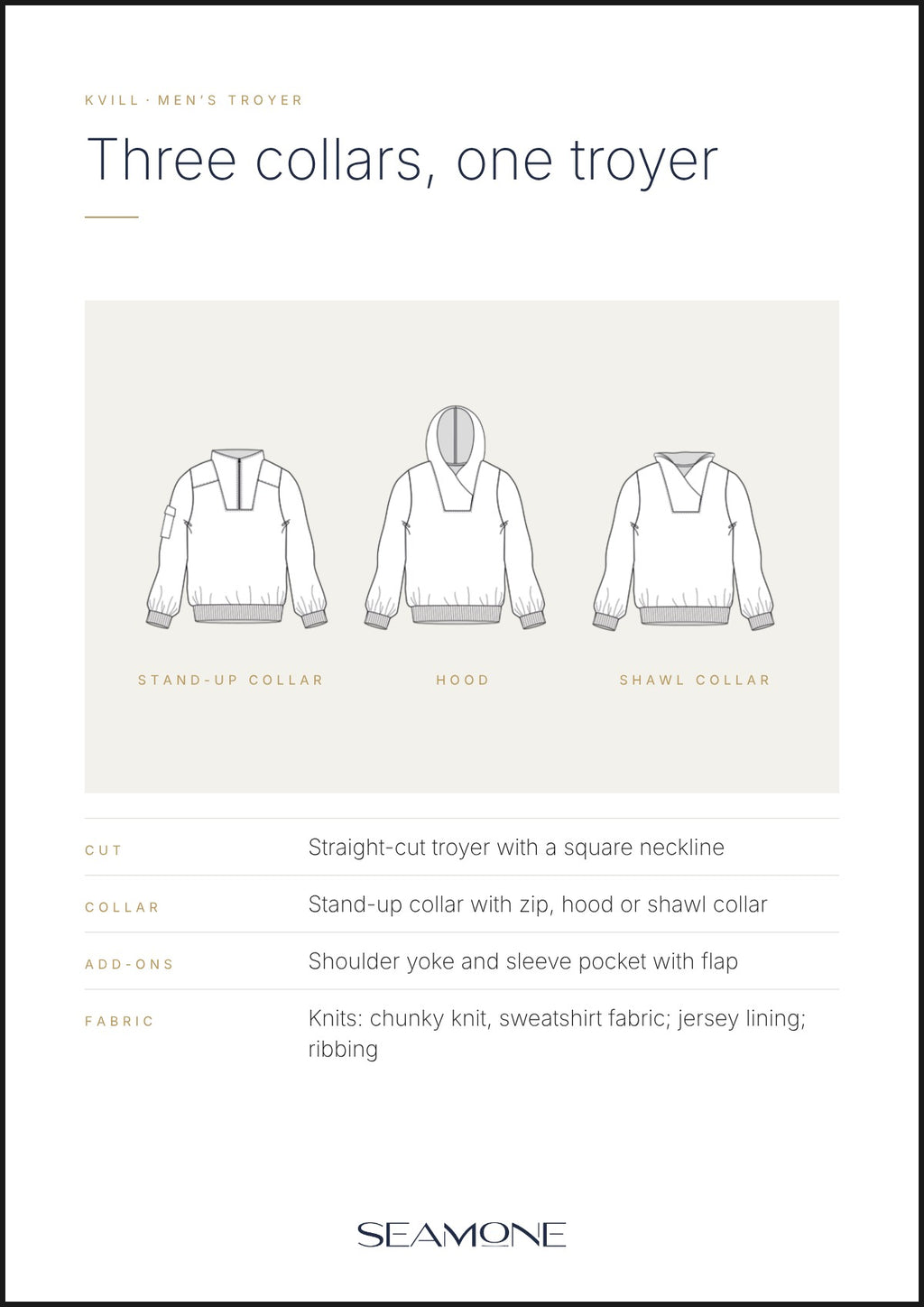 Technical drawing of the men's troyer Kvill: stand collar with zip, hood or shawl collar, square neckline