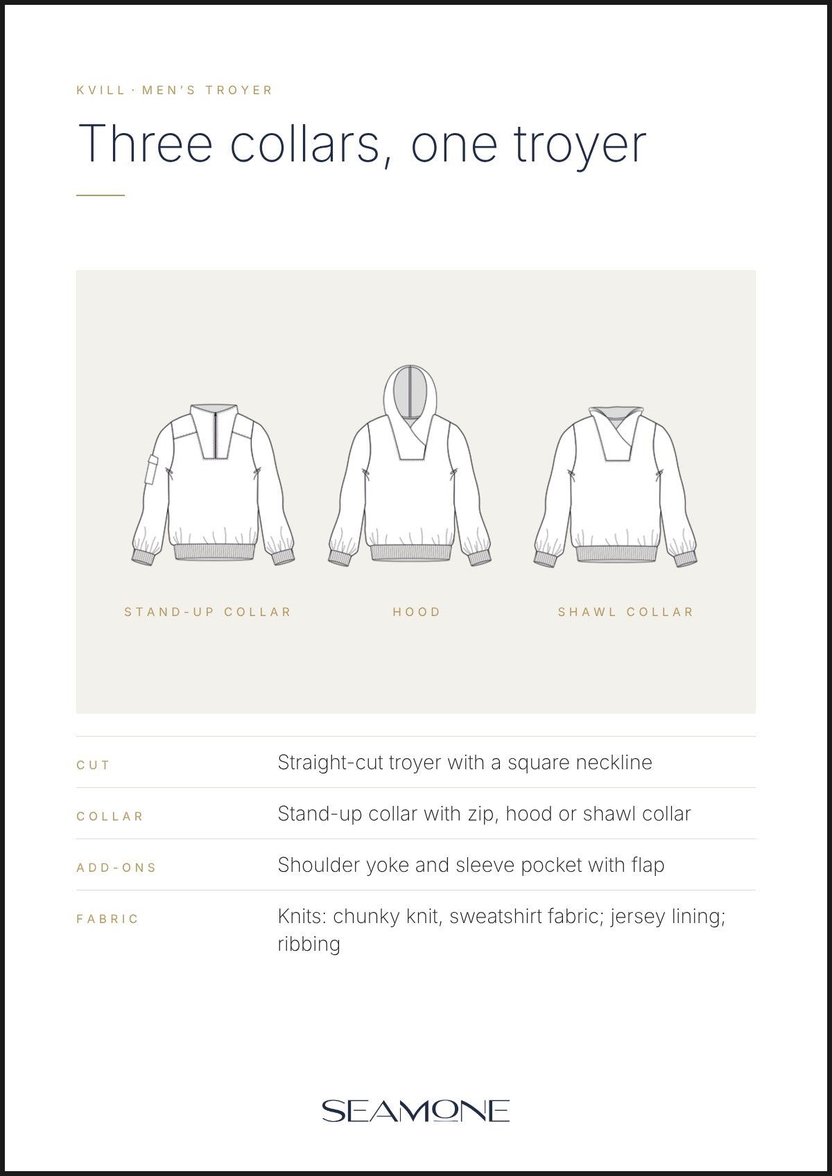 Technical drawing of the men's troyer Kvill: stand collar with zip, hood or shawl collar, square neckline