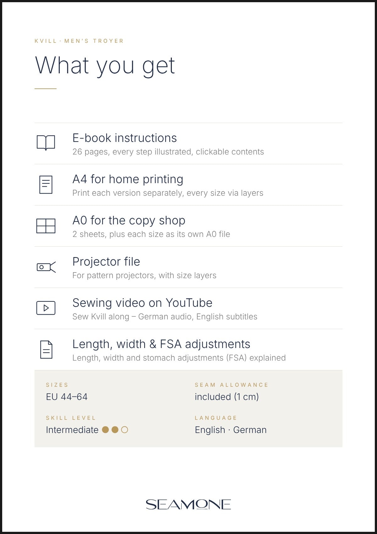 What's included with the Kvill men's sewing pattern: e-book instructions, A4, A0 and projector files, each size as its own A0 file, sewing video on YouTube