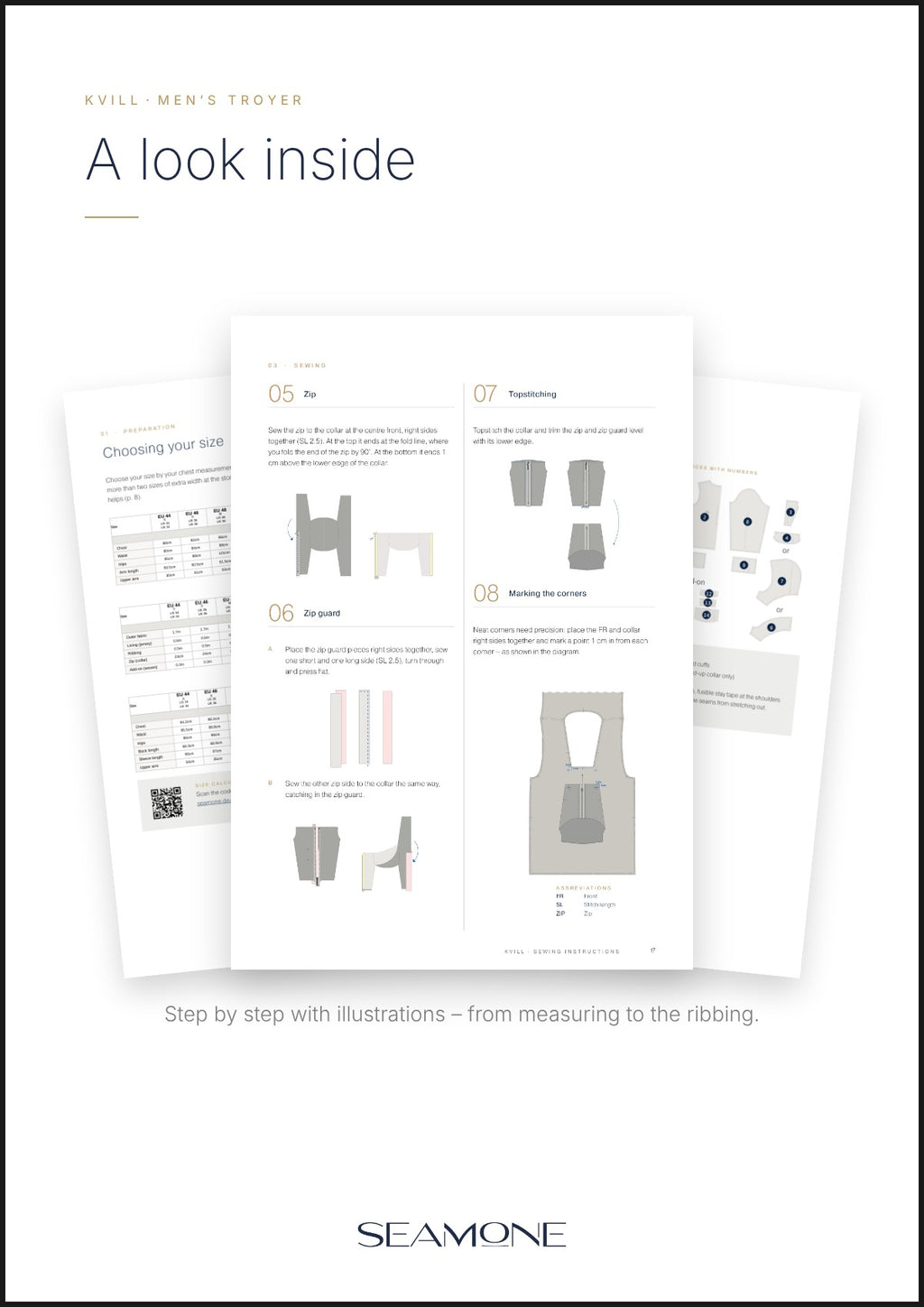 A look inside the Kvill men's sewing instructions: illustrated pages with size chart and sewing steps