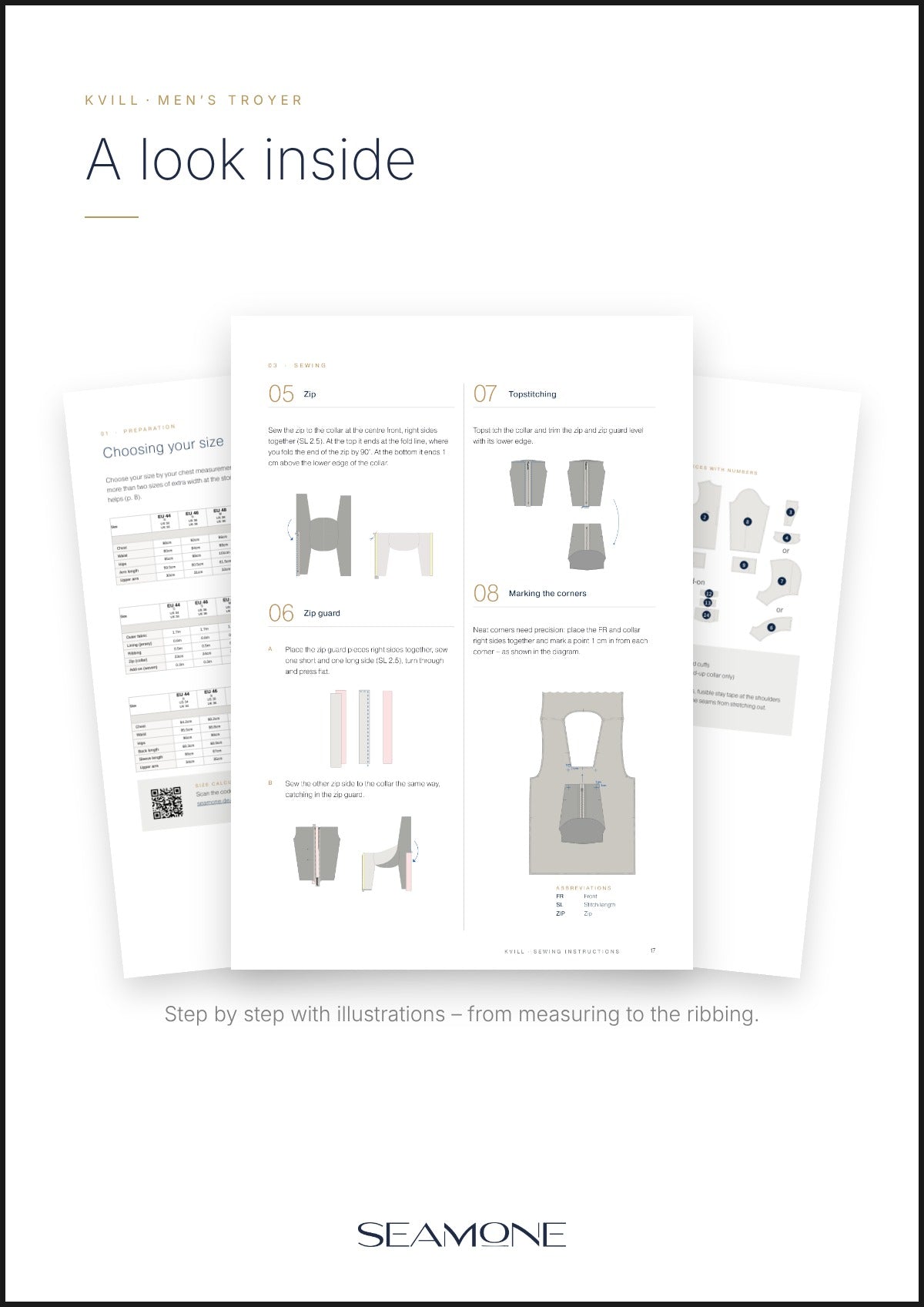 A look inside the Kvill men's sewing instructions: illustrated pages with size chart and sewing steps