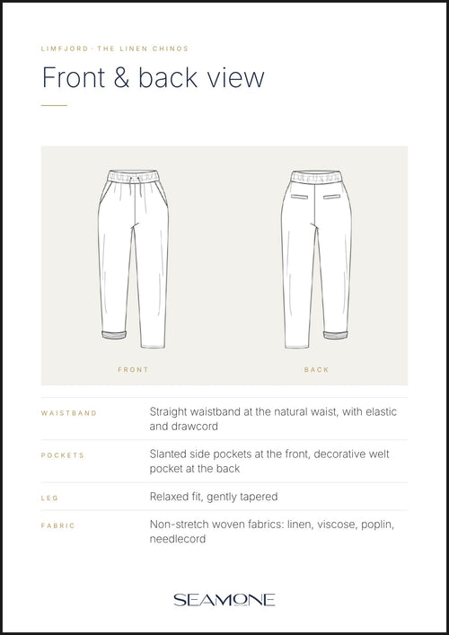 LIMFJORD chino trousers for women – technical drawing, front and back view